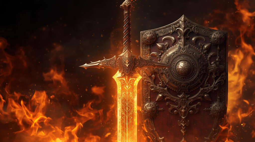 a glowing sword and shield with fiery background