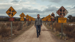 a person walking with warning signs of danger on the path