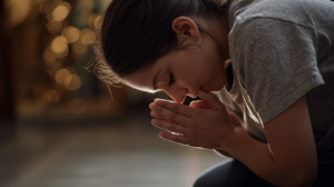 a young woman kneeling down praying