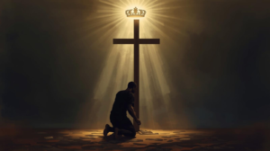 a person kneeling at the foot of the cross with light shining toward a distant crown.webp